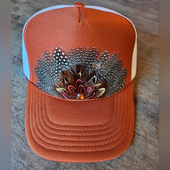 NWT Texas Orange Feather crown custom trucker hats